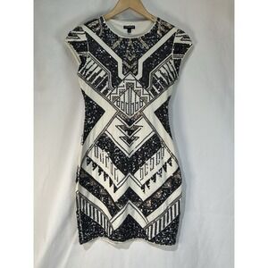 EXPRESS Women Deco Sequin Aztec Black Gold Cap Sleeve Cotton Sheath Dress XS